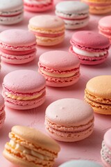 Fototapeta premium Colorful Assortment of French Macarons on a Pink Background - Sweet and Delicious Dessert Treats