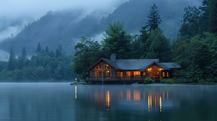 Naklejka premium Cozy Wooden Cabin by a Misty Lake with Warm Lights in a Serene Forested Mountain Landscape at Dusk