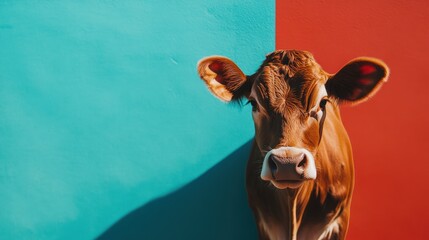Close-up of a brown cow's face against a teal and red background.