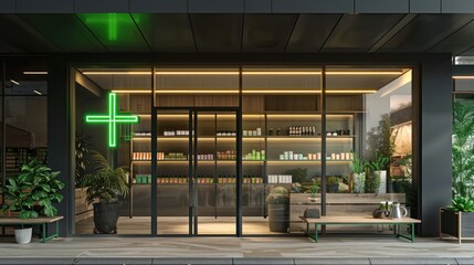 Modern Pharmacy Storefront with Green Neon Cross