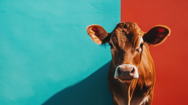 Close-up of a brown cow's face against a teal and red background.