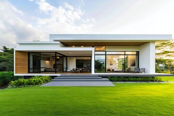 A modern house with a large lawn in front of it