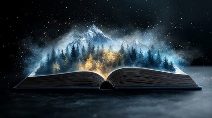 A magical, snowy mountain range and forest emerge from an open book.  The pages are glowing with light, hinting at a fantastical story within.