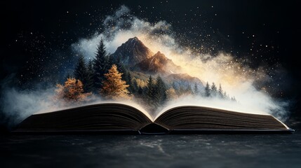A magical forest and mountain scene emerges from an open book, filled with wonder and possibility.