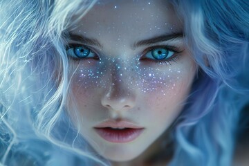 ethereal portrait of a celestial maiden with starry eyes flowing silver hair and a crown of constellations set against a cosmic nebula background