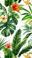 Tropical plants and colorful flowers form a lively and fresh botanical pattern