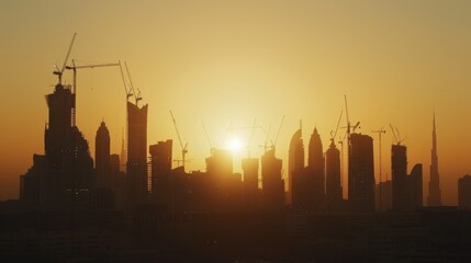 Obraz premium The sun sets behind a cityscape of skyscrapers in various stages of construction, with cranes silhouetted against the vibrant orange sky.