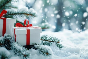 Christmas background with white gift boxes with red ribbons in the snow, snow-covered pine trees, and copyspace