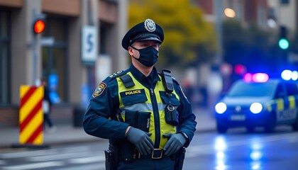 A policeman is standing on duty