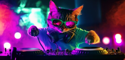 Stylish DJ Cat Behind a Booth of Colorful Lights: The Perfect Invitation for Party, Humorous Content, and Music Event Promotion