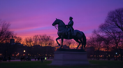 Naklejka premium George Washington Equestrian Statue at Public Garden at night in Boston Equestrian statue of George Washington Equestrian statue of George Washington Garden, Generative AI