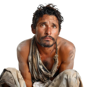 Front view mid body shot of a extremely ugly homeless Latin man in dirty and torn top & bottoms looking very sad, isolated on a white transparent background