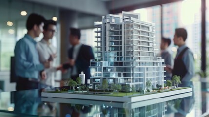 A detailed architectural scale model of a modern building, with professionals discussing plans in the background, showcasing development and planning.