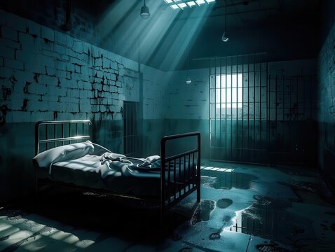 Prison cell with iron bars and a single bed, highlighting the starkness of prison life, Realism, Dark tones, Photography