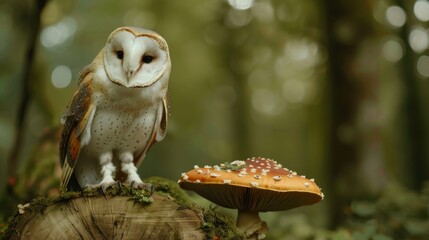 A barn owl perched on a tree stump beside a vibrant red toadstool mushroom in a magical, misty forest setting.