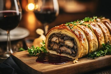 A savory vegan mushroom wellington wrapped in golden puff pastry, garnished with fresh herbs, served on a wooden board in a cozy restaurant setting, hearty and flavorful, selected focus, copy space

