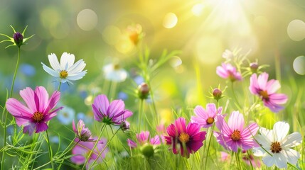 Summer floral backdrop with magenta and white Cosmos flowers in meadow.