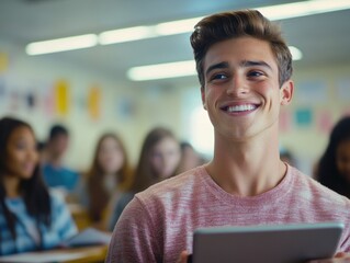 A teacher using a tablet to educate a group of students