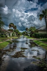 Fototapeta premium A flooded street with palm trees and houses in the background
