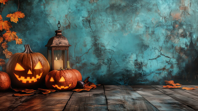 Halloween theme background for presentation, with Halloween attributes on the left and right, the central part has a lot of free space, image is a photograph, ultrarealistic, cinmeatic, high quality