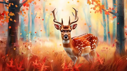 Majestic deer standing in an autumn forest with vibrant orange and yellow leaves, captured in a dreamlike, ethereal atmosphere.