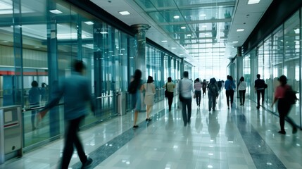 People walking through a modern, spacious hallway, with a reflective floor, creating a dynamic, bustling scene.