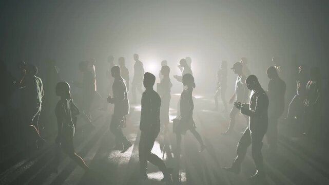 An animation of a mindless commute, coffee-clutching zombies staring at device screens while lost in routine.
