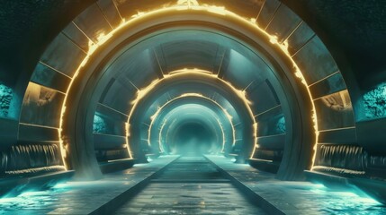 Futuristic, illuminated tunnel with glowing blue and yellow lights