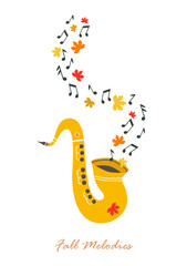 Saxophone Live Music cute hand drawn vector icon. Sax burst out musical notes minimal cartoon design element. Music Festival joyful illustration. Autumn Fall season live concert performance background