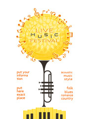 Fall Season Live Music Festival minimal design vector poster. Piano, trumpet silhouette, autumn tree cartoon illustration. Autumn Music Fest concert performance live event celebration flyer background