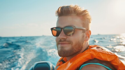 A man enjoys a boat ride on the open sea, his sunglasses and life vest reflecting his relaxed, adventurous spirit.