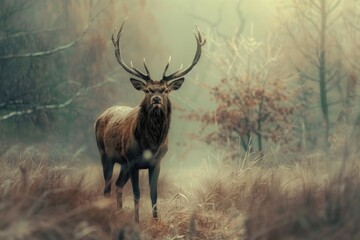A single deer standing in a dense forest environment