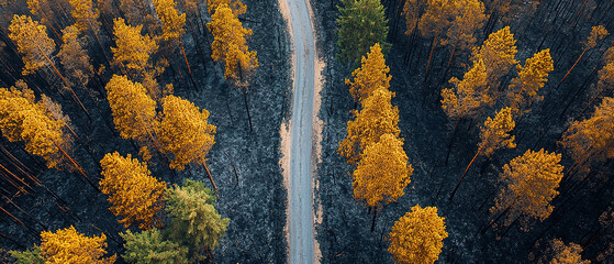 Aerial view of a charred forest after a fire, taken from a top down drone photo. The ground is covered with black ash and the trees have burned to a grey-brown color. 