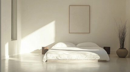 A minimalist bedroom featuring a cozy bed with soft linens, bathed in natural light, perfect for a serene and tranquil living space.