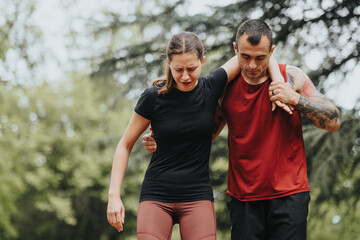 Fit man helps his girlfriend who has hurt her leg during a jog in a lush green park, showcasing...