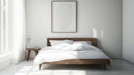 A minimalist bedroom featuring a cozy bed with soft linens, bathed in natural light, perfect for a serene and tranquil living space.