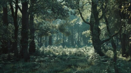 Sunlight filters through a lush and dense forest, creating a dappled light effect on the forest floor.