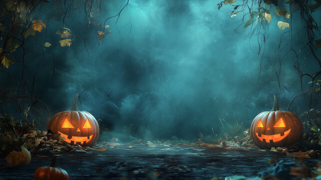 Halloween theme background for presentation, with Halloween attributes on the left and right, the central part has a lot of free space, image is a photograph, ultrarealistic, cinmeatic, high quality