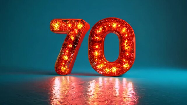 Flickering neon number 70 sign with vibrant orange led lights