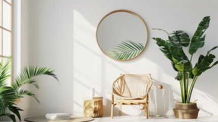 Modern retro interior with minimal design, tropical leaves, mirror, book, and stylish decor.
