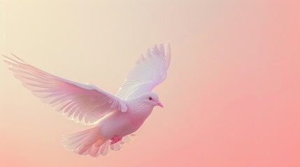 A white dove soars gracefully against a backdrop of soft pink sky at twilight, symbolizing peace and hope in a serene and ethereal moment.