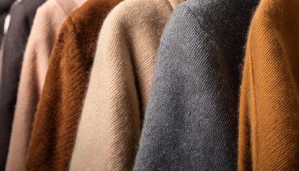 Close up cashmere coats on trembles. Jackets in warm earthy tones, autumn fashion, winter wardrobe