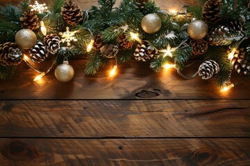 Christmas garland with lights and ornaments, wooden background, copy space for text