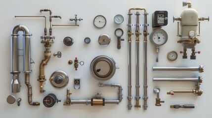 A detailed arrangement of plumbing parts and tools, showcasing a variety of components on a white background.