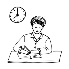 Simple hand drawn vector illustration with black outline. The teacher writes at the table, desk. Clock on the wall. Lessons and study, student takes exam, testing. Sketch in ink.