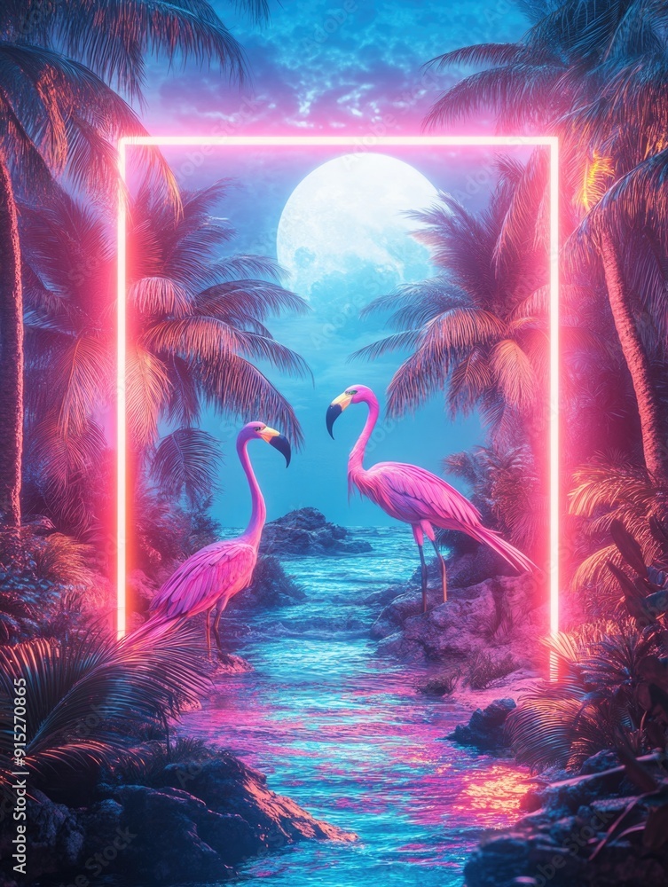 Wall mural flamingos pose near bright colored neon backdrop