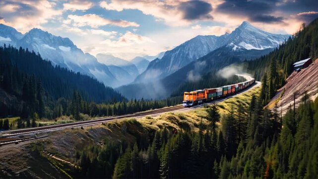 freight train A golden sunrise paints the Swiss Alpine peaks.