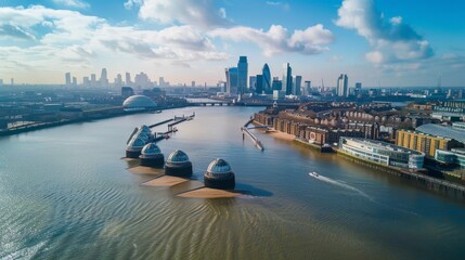 Naklejka premium Discover the tranquility of the Thames Barrier and the Docklands area from an aerial view, highlighting the blend of nature and urban development.