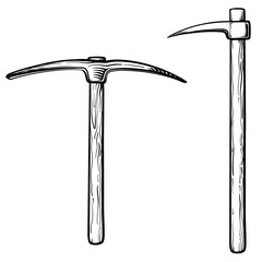Metal pickaxe with wooden handle. Vector illustration of pickaxe on white background.