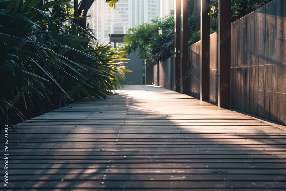 Poster urban path lined with trees and surrounded by towering skyscrapers